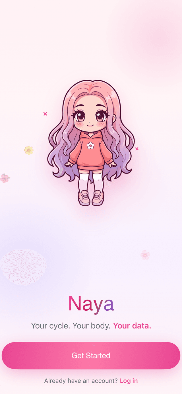 Naya welcome screen with mascot character and Get Started button