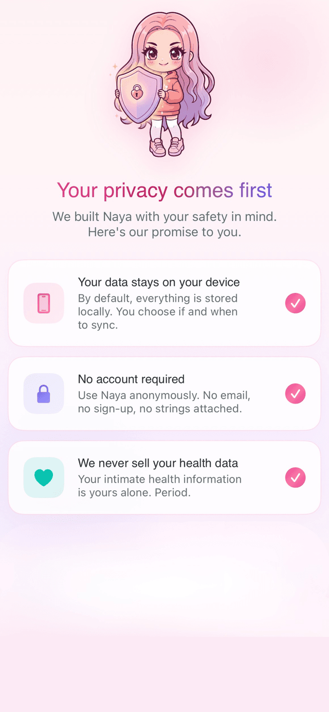 Privacy promise screen showing data stays on device, no account required, health data never sold