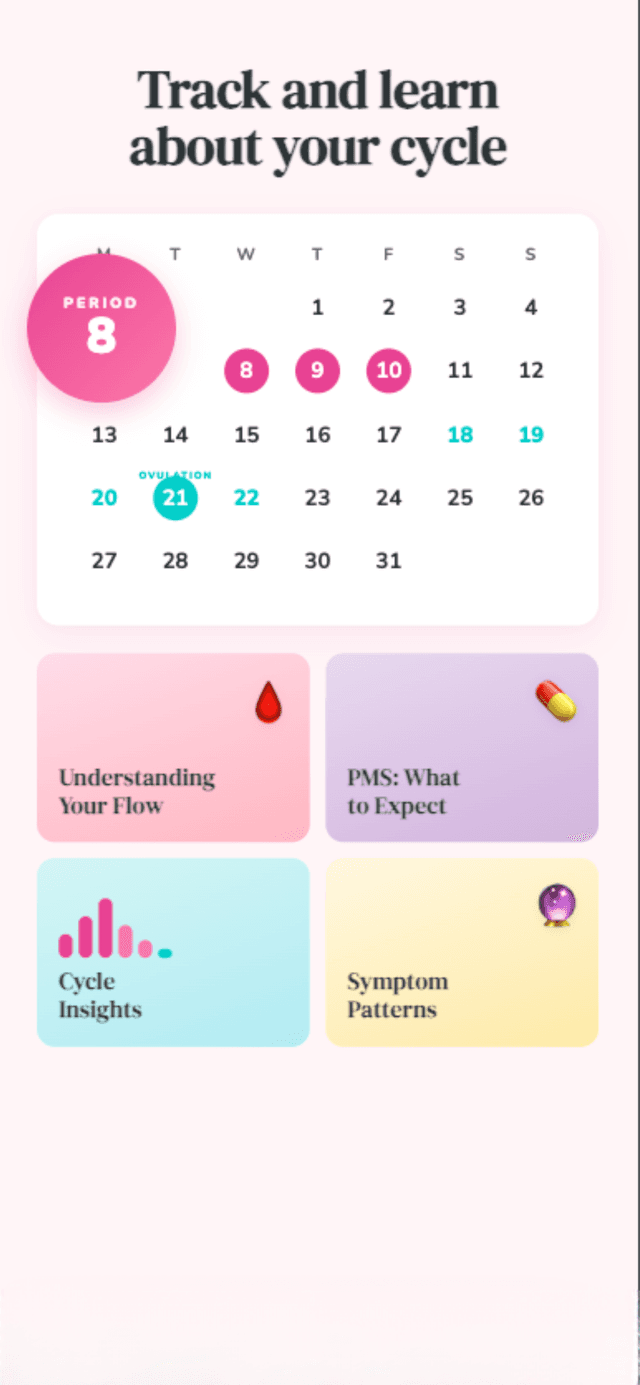 Smart calendar with color-coded period days, fertile window, and ovulation prediction