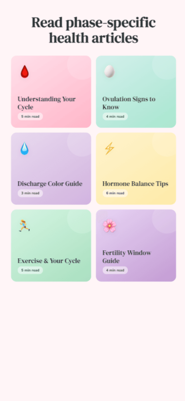 Health articles library with cycle-phase-specific content on ovulation, hormones, fertility, and exercise